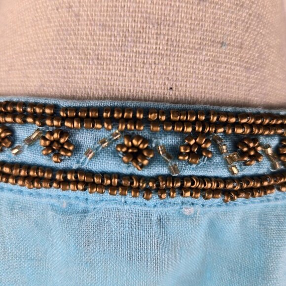 Chico's Size 2 (US Medium) Light Blue Tunic Gold Beaded 100% Linen 3/4 Sleeves - Picture 9 of 13